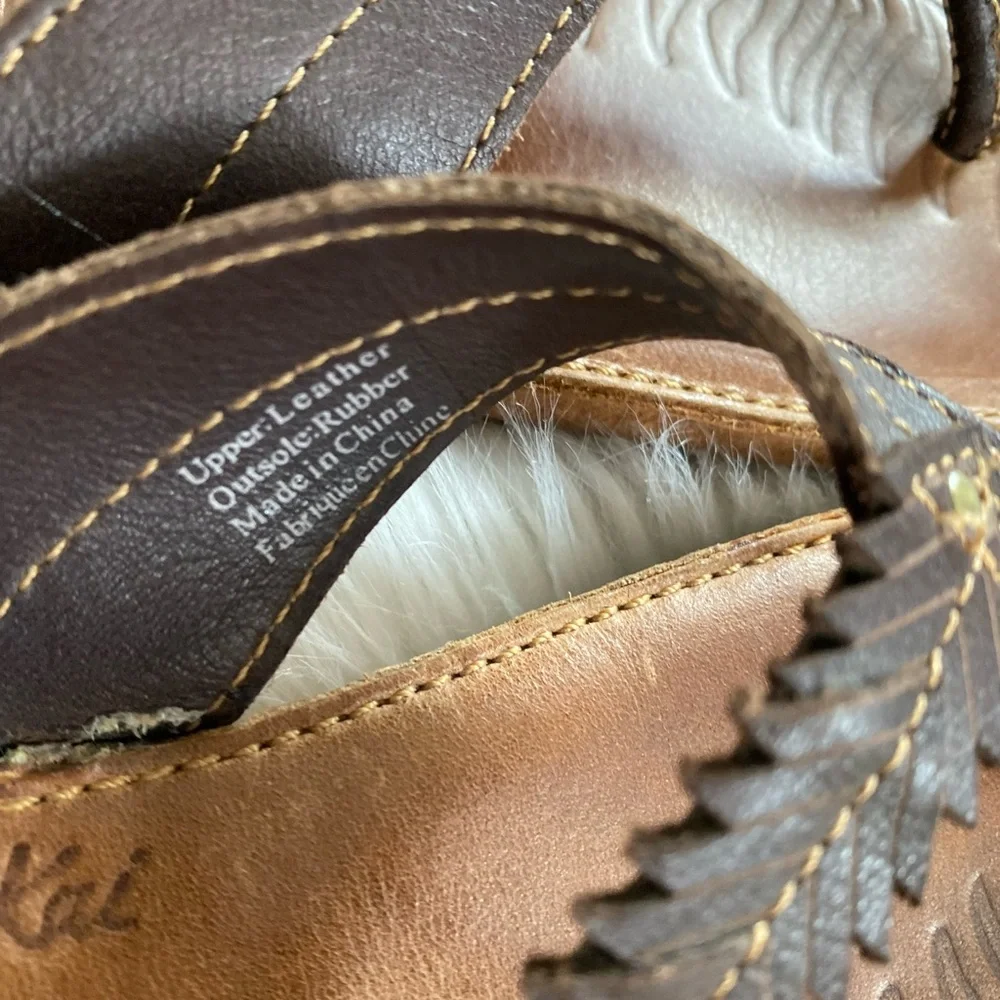 OluKai Brown Leather Feather-Trim Flip Flop Sandals
